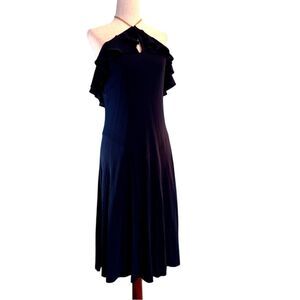 Ralph Lauren Backless Dress Blue Ruffle Keyhole Detail Gold-Tone Chain Close 8